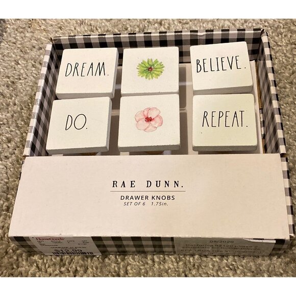 Rae Dunn Drawer Knobs Set Of 6 1.75in White With Inspirational Text & Floral Des - Picture 1 of 2